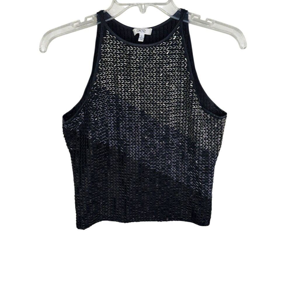 Cache Black Sequin Halter Top L Vintage Y2K High Neck Open Back Party Glam